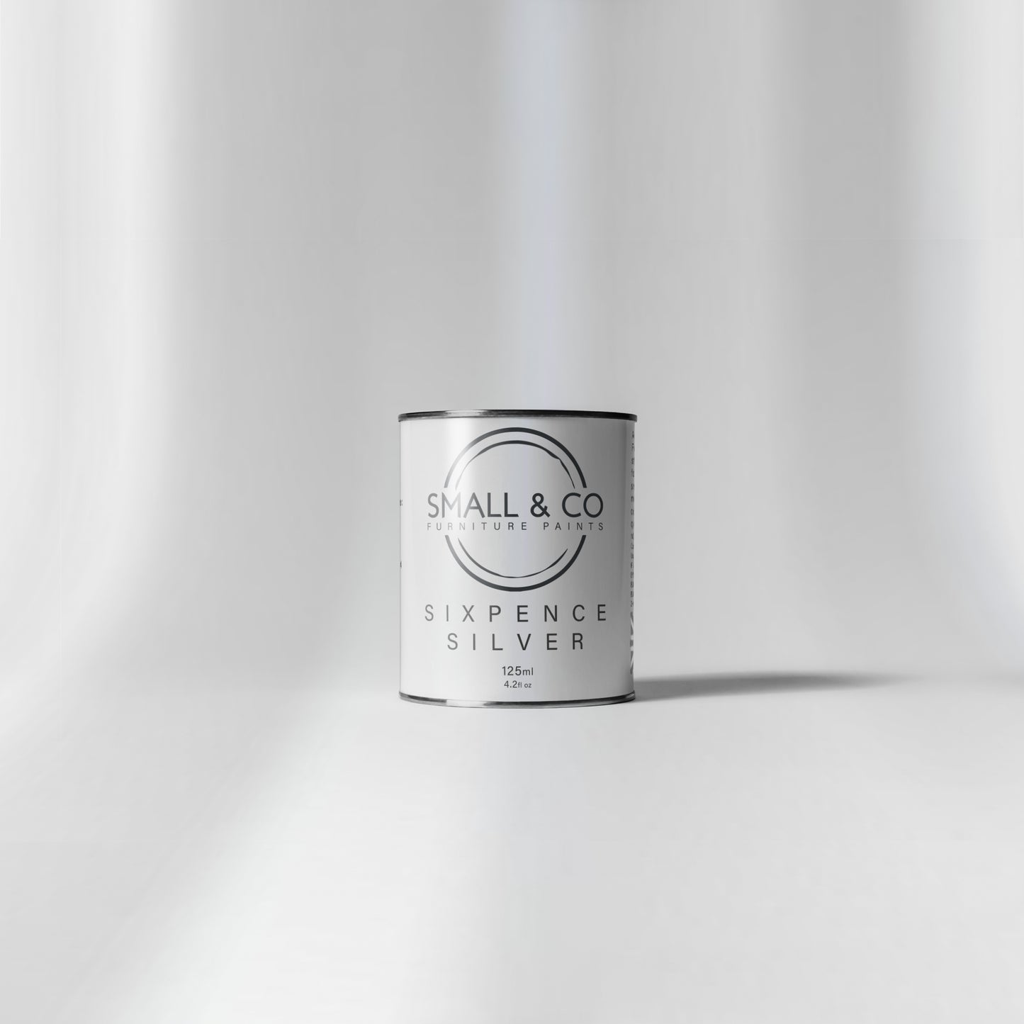 125ml tin of Small & Co Sixpence Silver Metallic Furniture Paint – polished sterling silver shade, durable low-VOC UK-made paint for furniture.