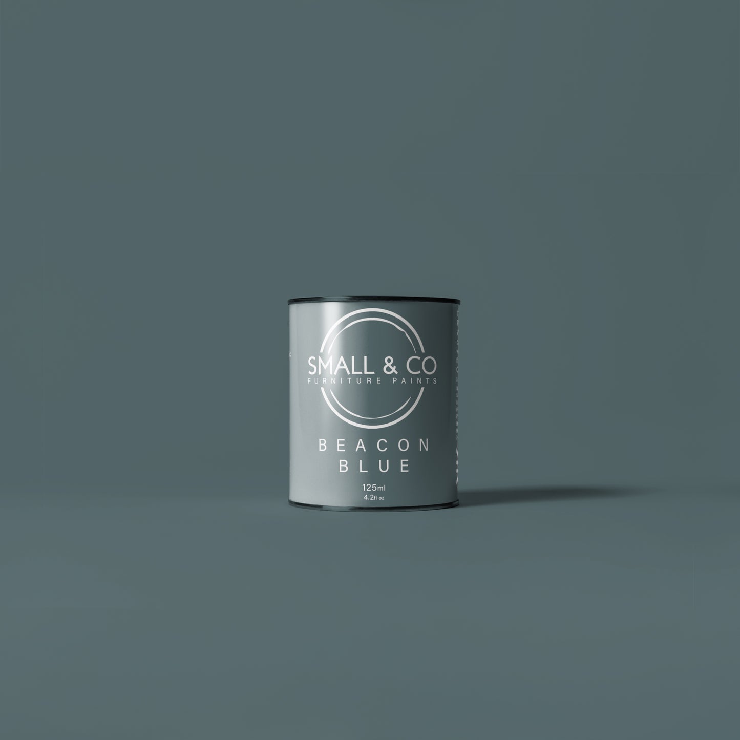 125ml tin tester pot of Small & Co furniture paint in Beacon Blue, a blue teal colour. Premium, compact small project size paint perfect for small furniture restoration projects, touch-ups, and detailed work. Suitable for wood, metal, and various surfaces. Eco-friendly, easy to apply, and provides a smooth, professional finish. Available at Small & Co. Ideal for DIY enthusiasts and home decorators.
