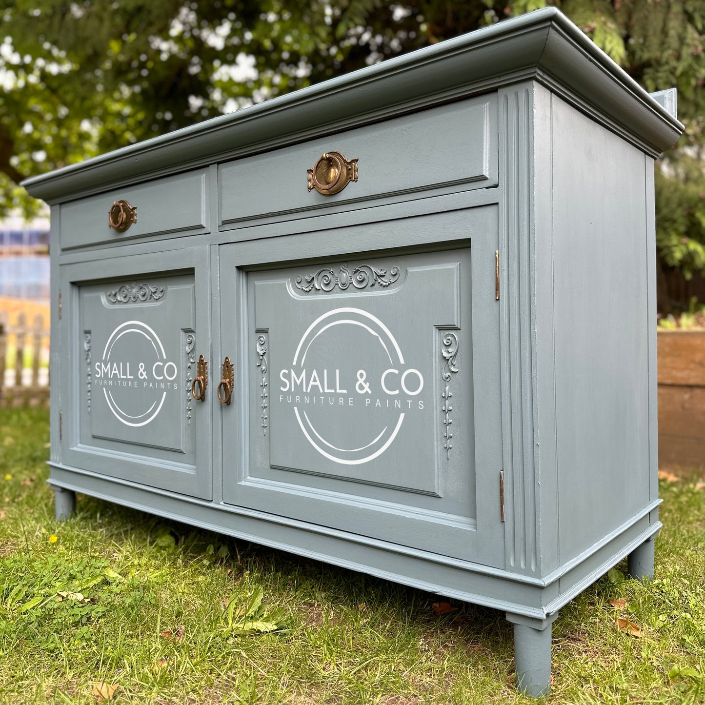 Sideboard painted in vibrant Beacon Blue Furniture Paint by Small & Co, showcasing a smooth, eco-friendly finish