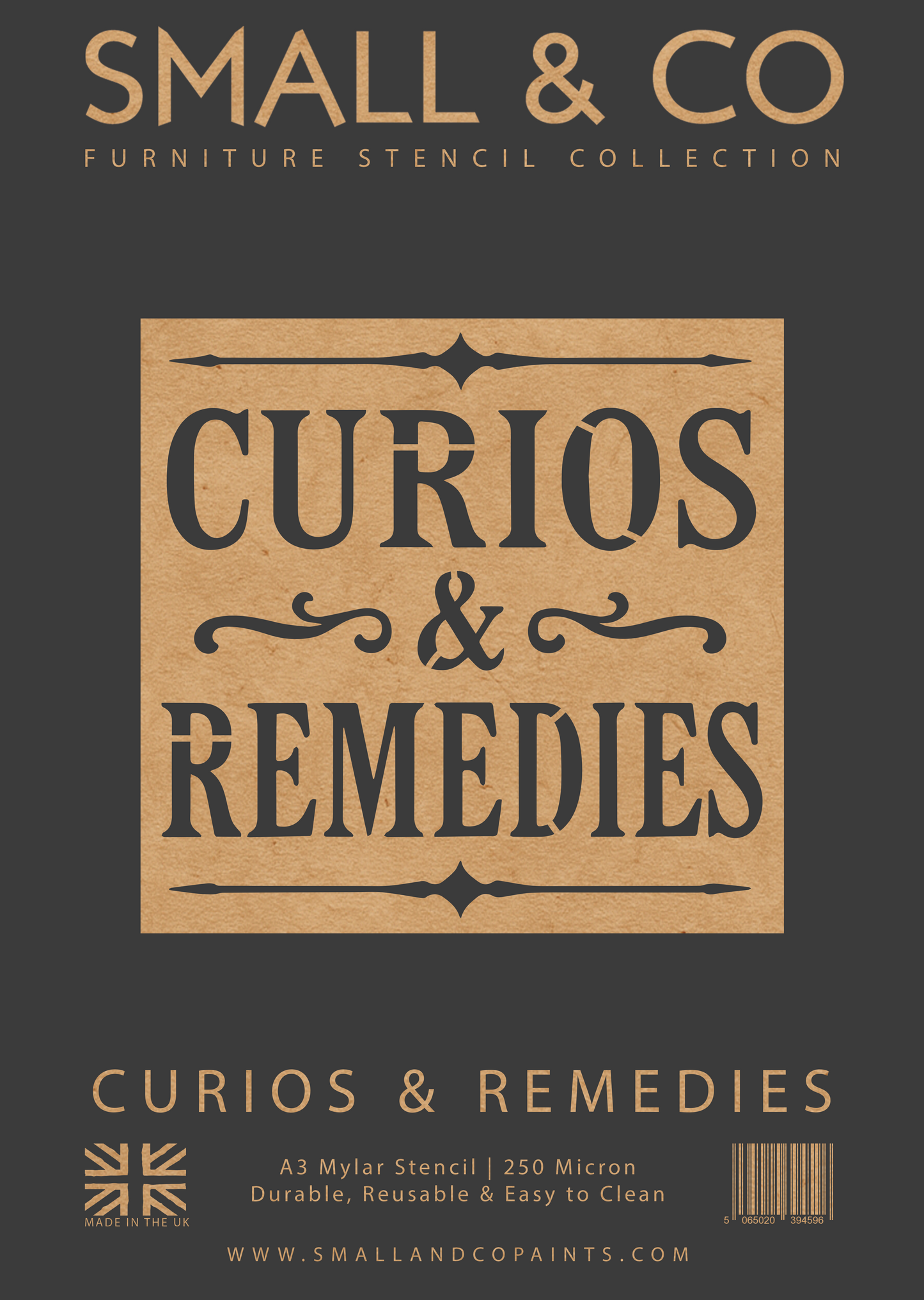 Curios & Remedies stencil – vintage apothecary typography stencil for furniture painting, sign making, and wall art. Large lettering stencil for crafts and décor UK.