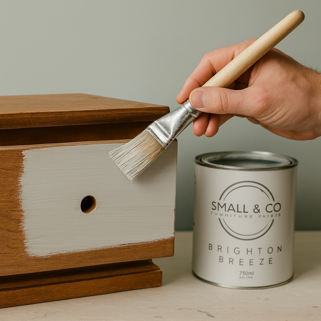 Applying a thin coat of Small & Co Brighton Breeze pale blue furniture paint to a drawer front with a quality brush.