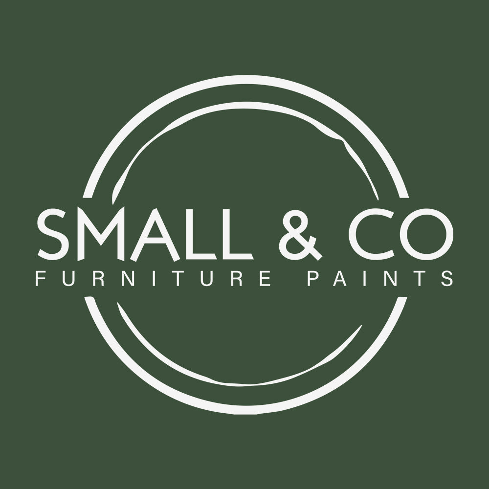 Small and co furniture paint logo over dark green, Dartmoor Deep furniture paint colour