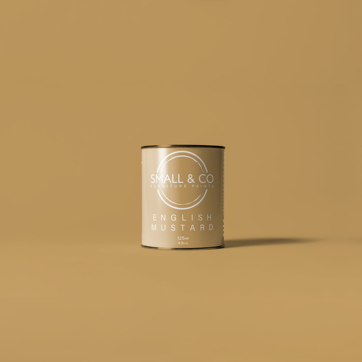 125ml tin tester pot of Small & Co furniture paint in English Mustard, a gold yellow colour. Premium, compact small project size paint perfect for small furniture restoration projects, touch-ups, and detailed work. Suitable for wood, metal, and various surfaces. Eco-friendly, easy to apply, and provides a smooth, professional finish. Available at Small & Co. Ideal for DIY enthusiasts and home decorators.