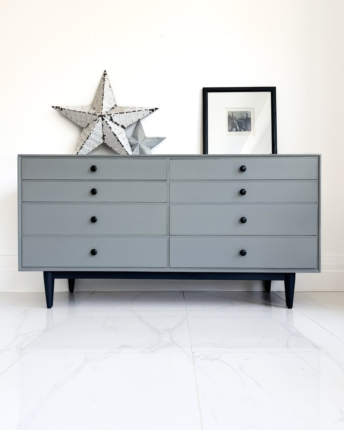 Mid-century modern sideboard painted in Small & Co Highland Haze grey furniture paint – durable UK-made eco-friendly paint for furniture upcycling and refinishing.