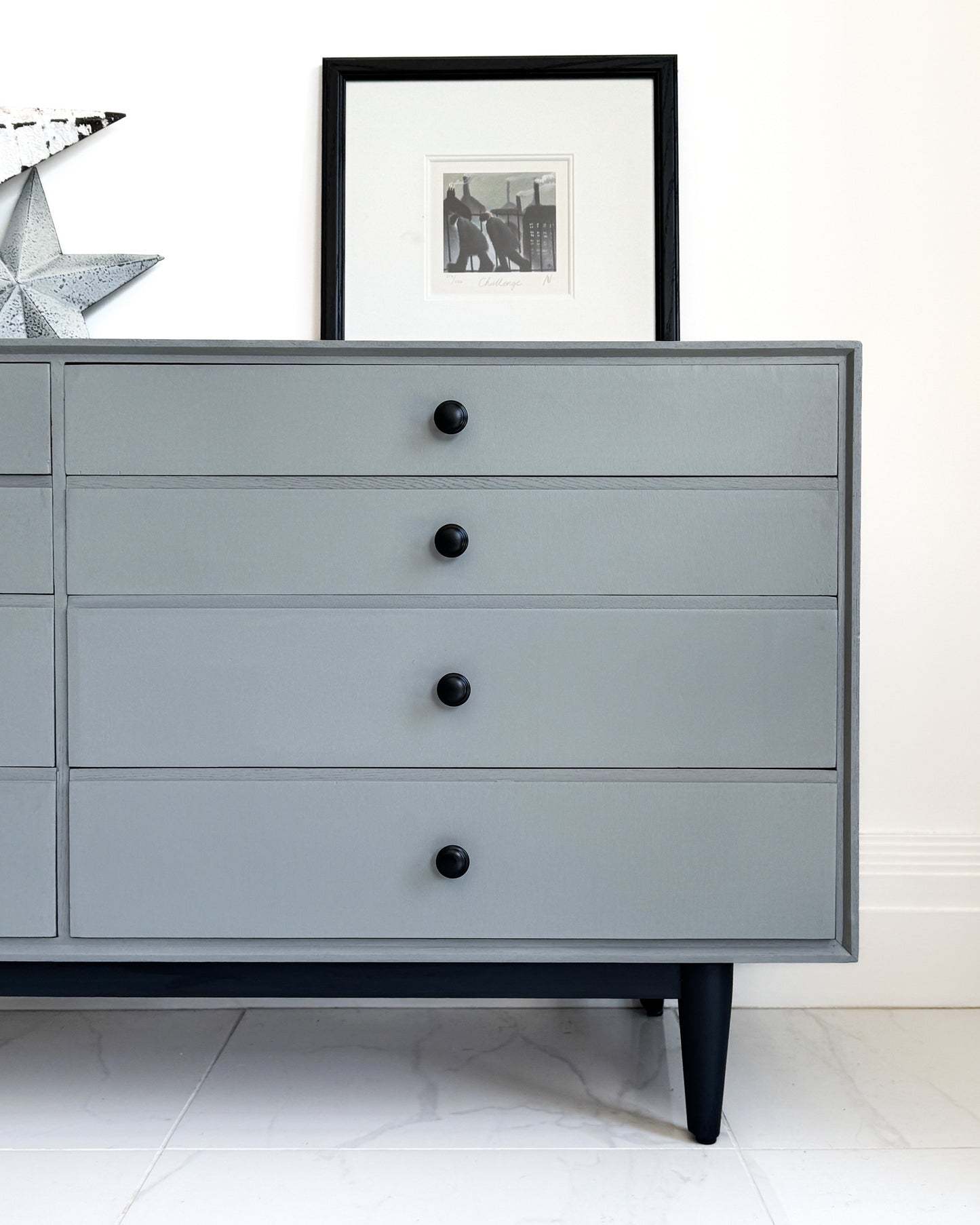 Grey painted dresser drawers finished in Highland Haze by Small & Co – durable furniture paint with smooth coverage, perfect for refinishing sideboards and cabinets.