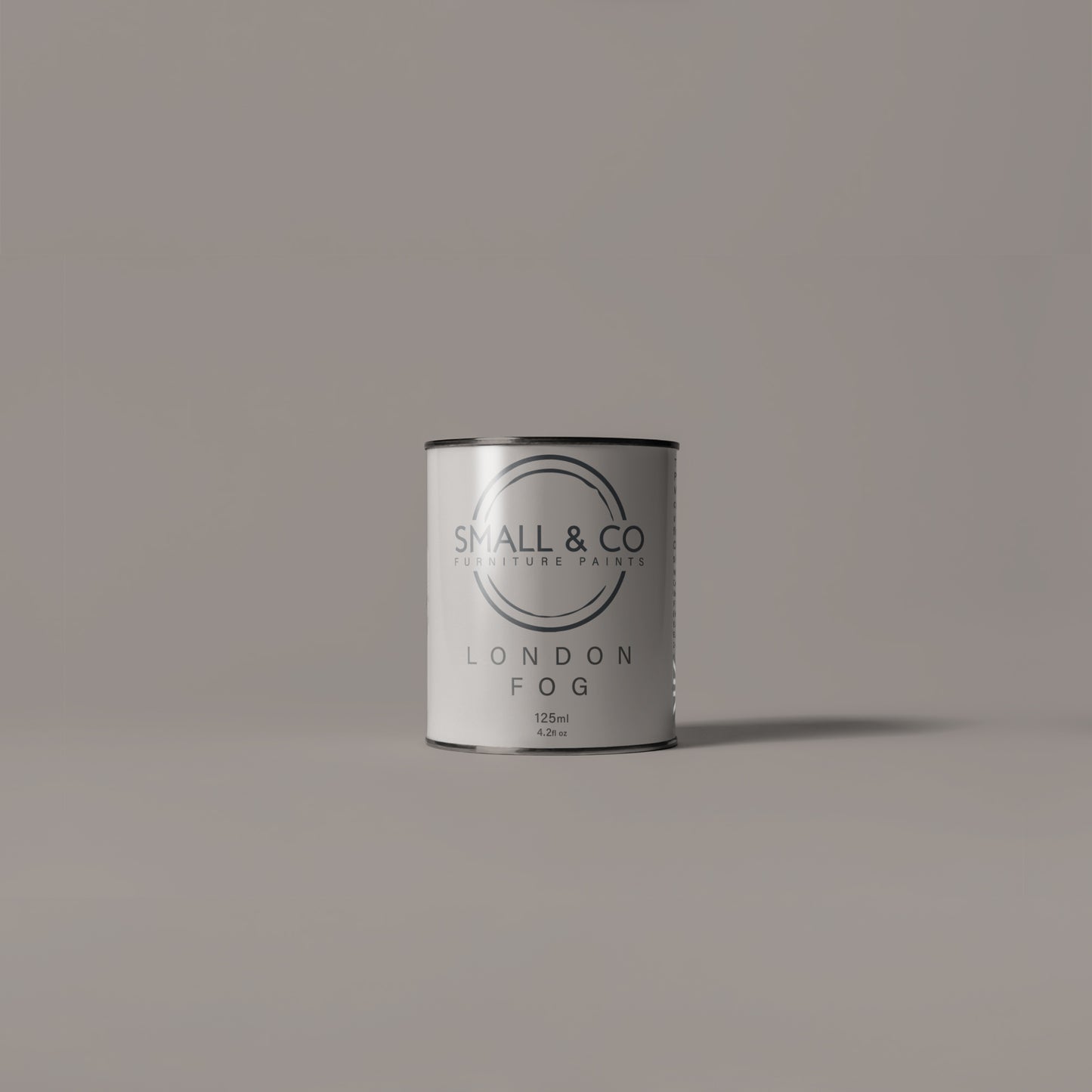 125ml tin tester pot of Small & Co furniture paint in London Fog, a taupe mushroom grey beige colour. Premium, compact small project size paint perfect for small furniture restoration projects, touch-ups, and detailed work. Suitable for wood, metal, and various surfaces. Eco-friendly, easy to apply, and provides a smooth, professional finish. Available at Small & Co. Ideal for DIY enthusiasts and home decorators.
