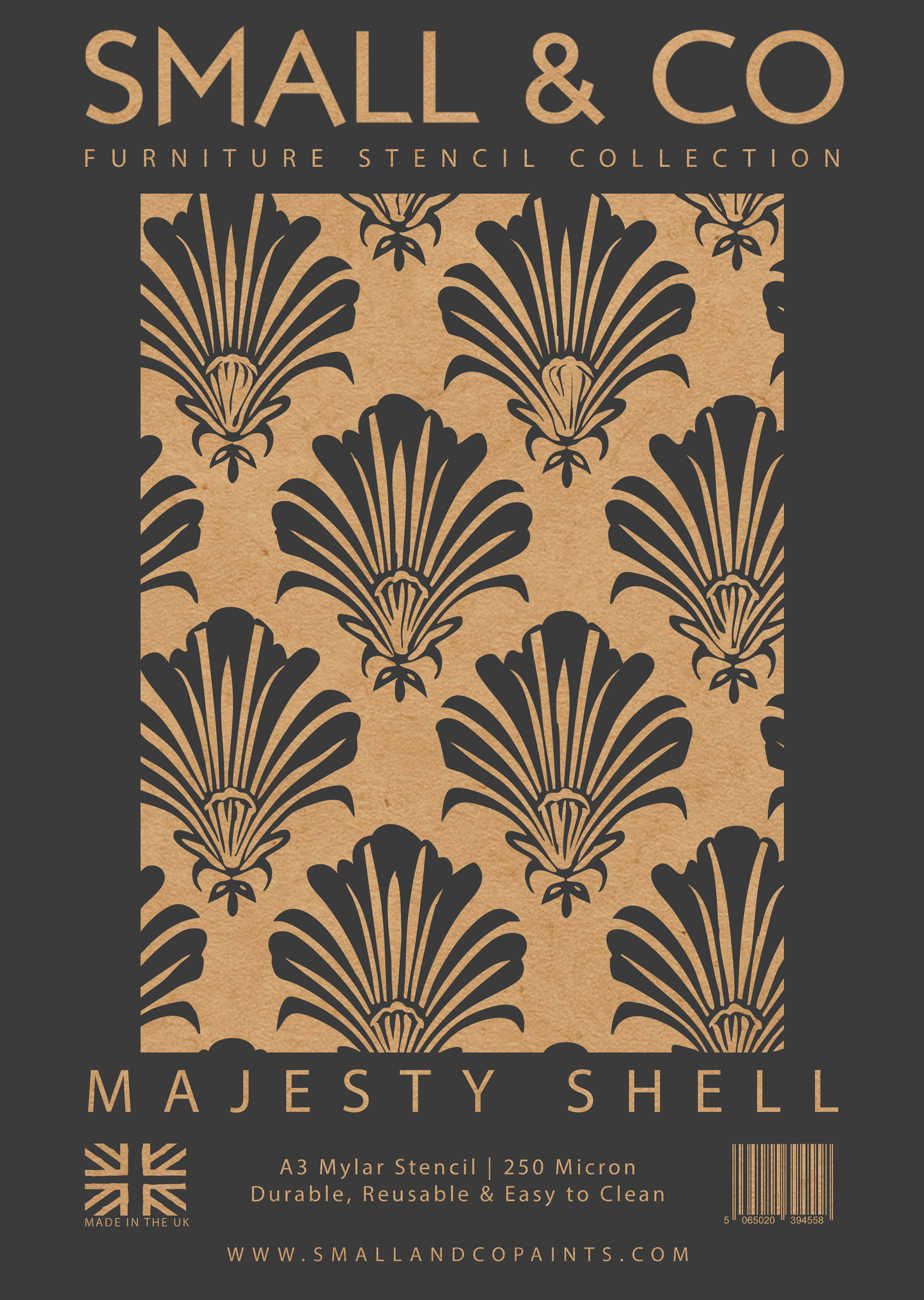 Majesty Shell stencil – vintage seashell stencil pattern for furniture upcycling, walls, and coastal décor. Large decorative furniture and wall stencil UK.