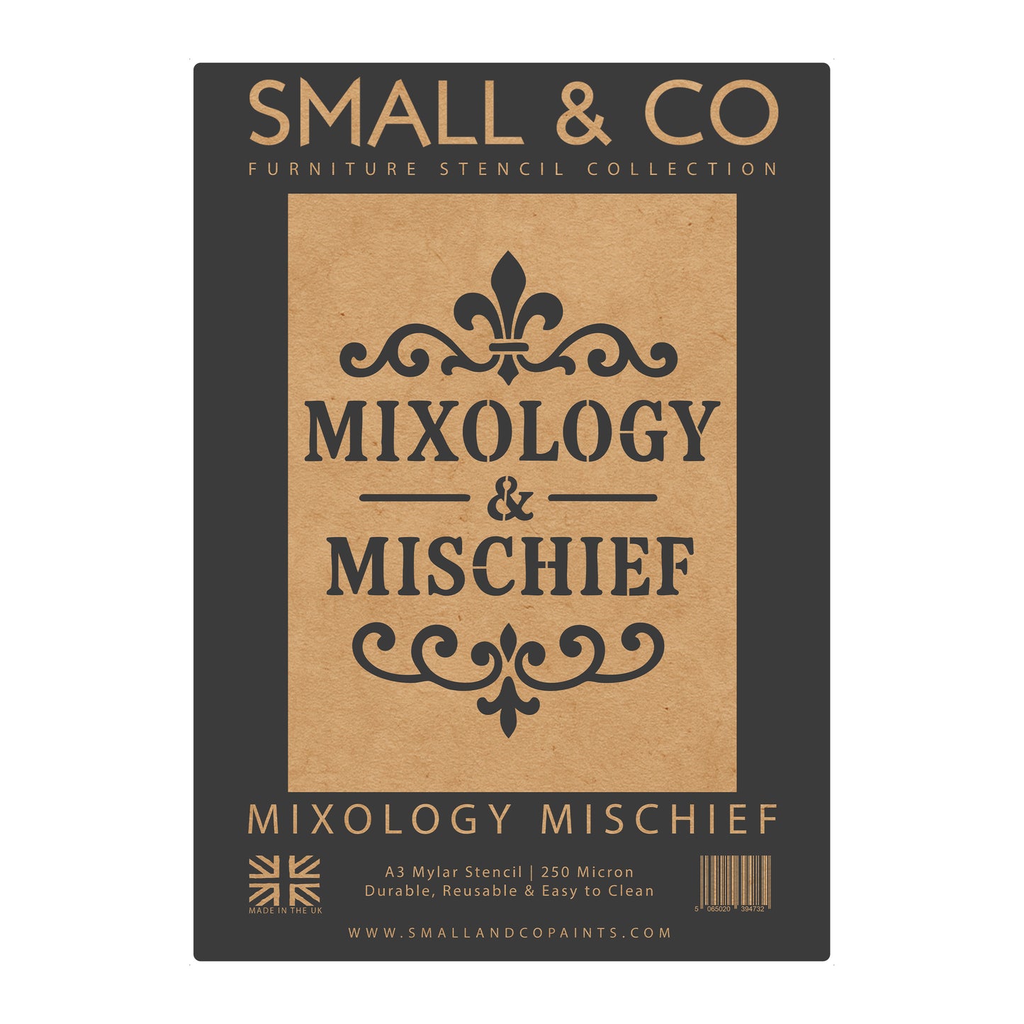 Mixology and Mischief stencil packaging showing cocktail bar typography design for furniture painting, drinks trolley makeover, home bar décor and pub style wall art
