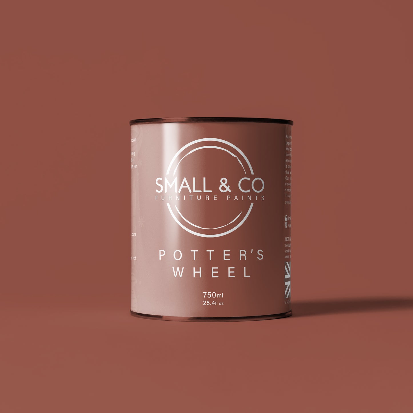 750ml tin of Small & Co furniture paint in Potter's Wheel, a terracotta red clay colour. High-quality, professional, durable paint perfect for furniture restoration, DIY projects, and home decor. Ideal for wood, metal, and other surfaces. Eco-friendly, easy to apply, and provides a smooth finish