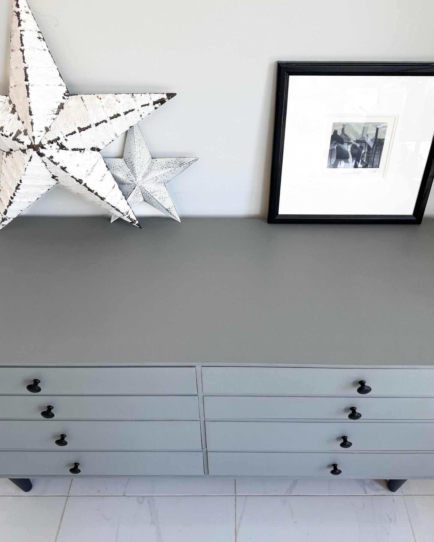 Top view of dresser painted in Highland Haze grey furniture paint by Small & Co – UK-made durable paint for stylish furniture transformations and modern upcycling.
