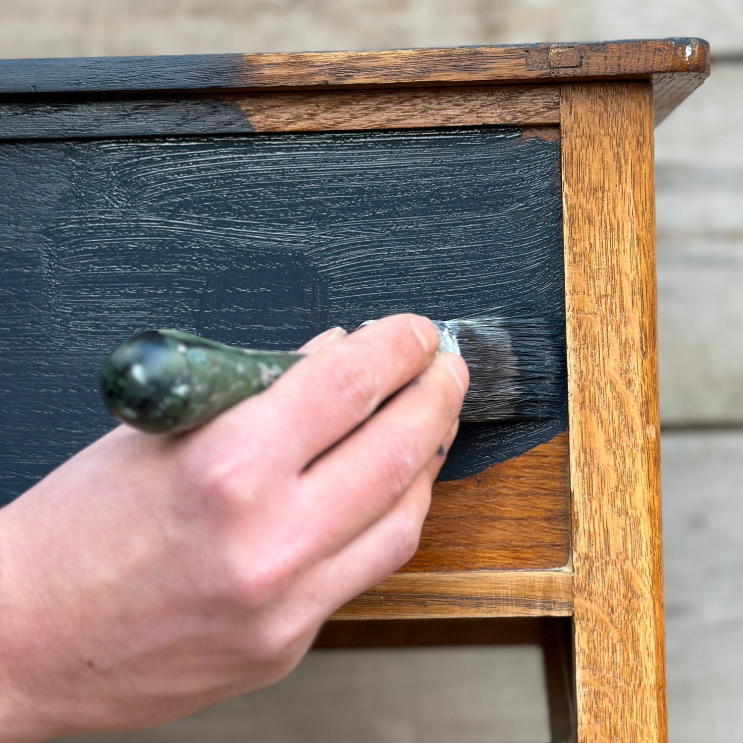 Hand painting wooden furniture with chalk-style brush using Small & Co paint, beginner step-by-step guide to applying furniture paint for smooth professional finish
