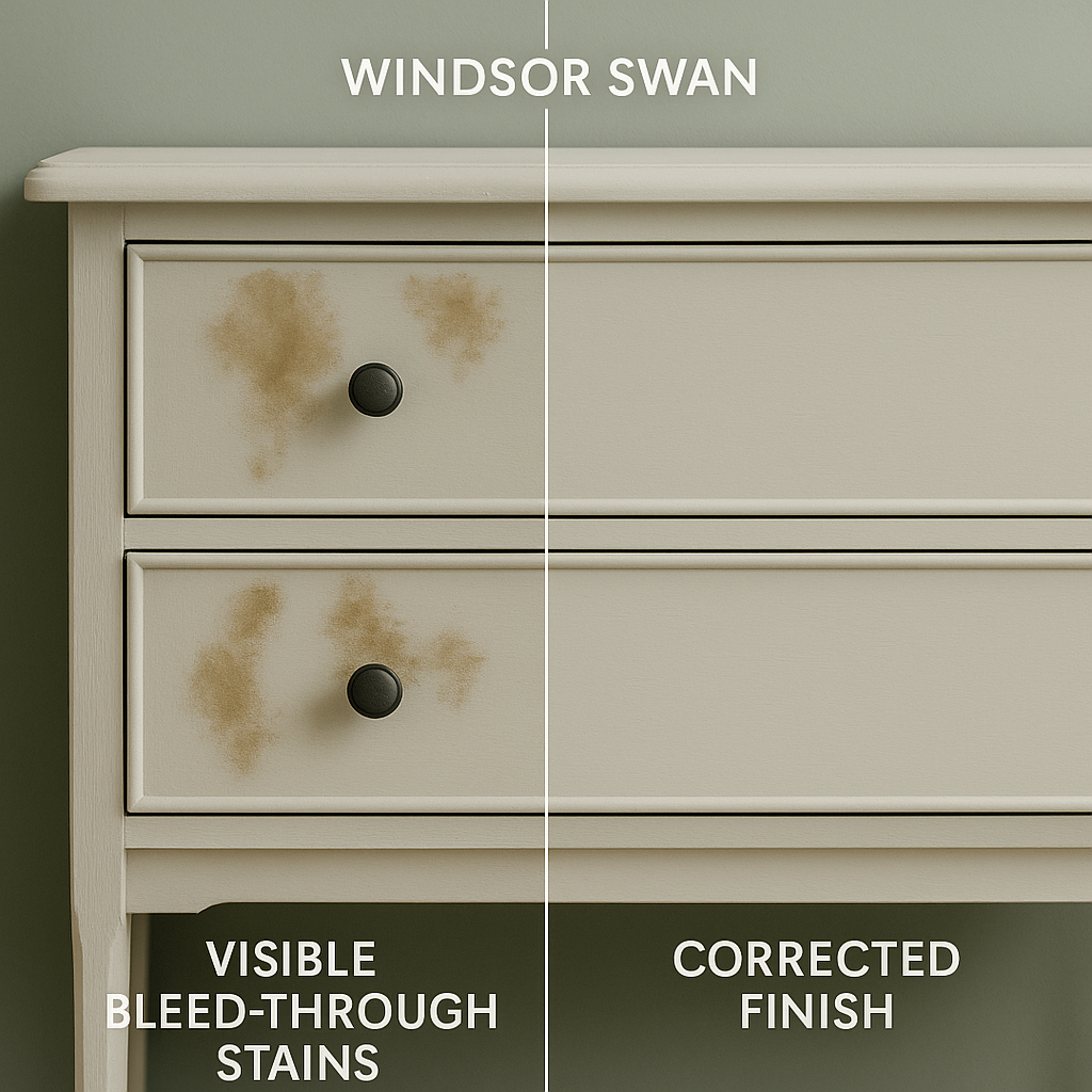 Furniture paint mistake – Windsor Swan painted dresser showing wood stain bleed-through versus corrected flawless finish.