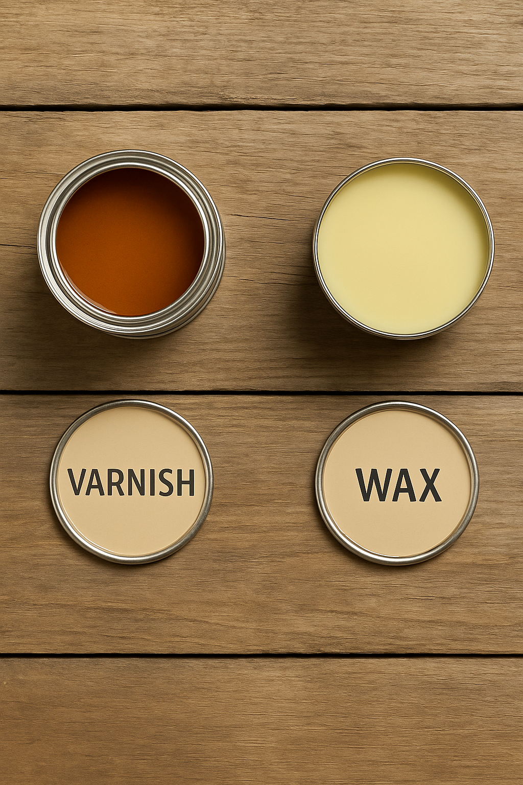 Open tins of wax and varnish side by side, beginner’s guide to choosing the right protective finish for painted furniture projects