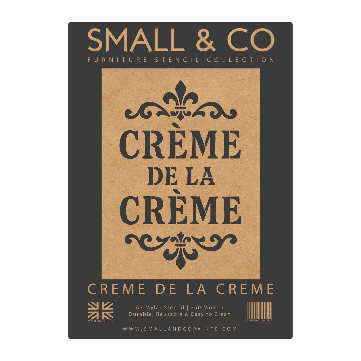 Crème de la Crème stencil packaging showing French typography pattern for furniture painting, kitchen décor, café style wall art and vintage farmhouse upcycling projects