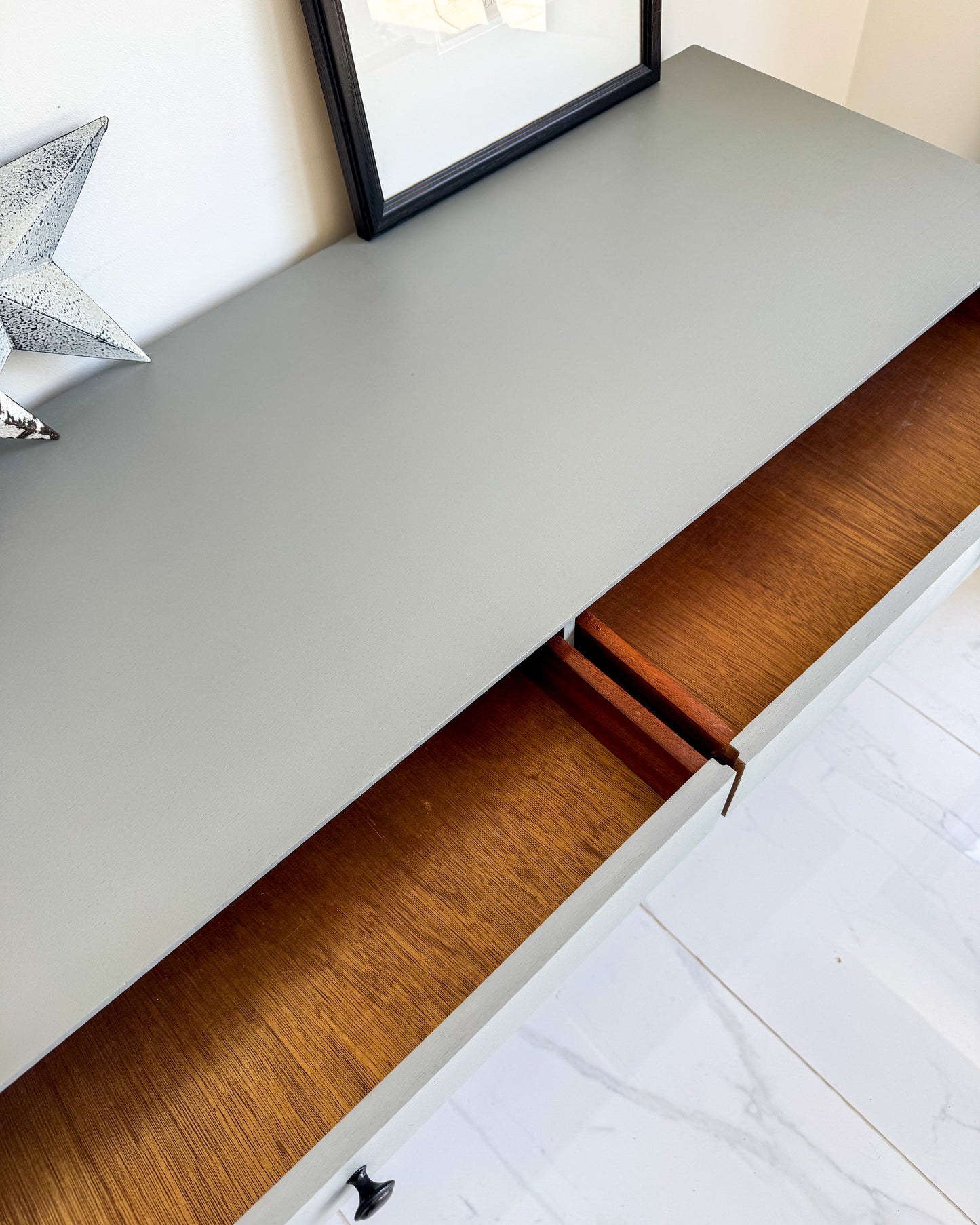 Top view of dresser painted in Highland Haze grey furniture paint by Small & Co – UK-made durable paint for stylish furniture transformations and modern upcycling. Drawer open