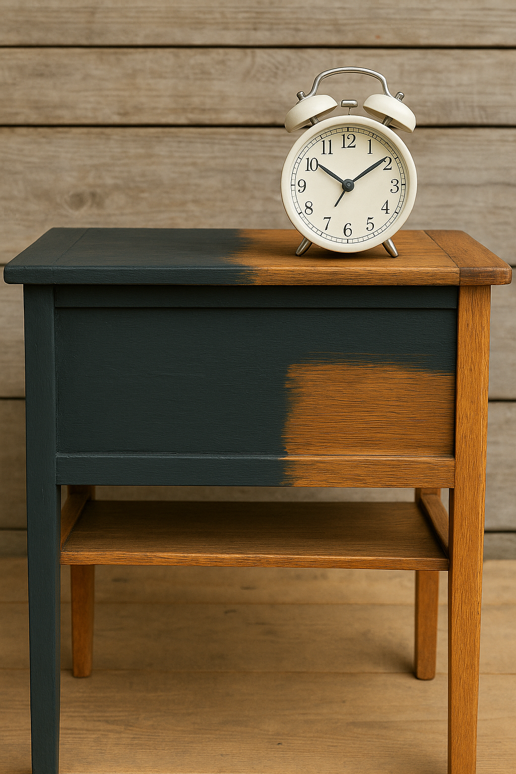 Half-painted wooden side table with clock on top, illustrating drying time between coats in beginner’s furniture painting guide using Small & Co chalk paint