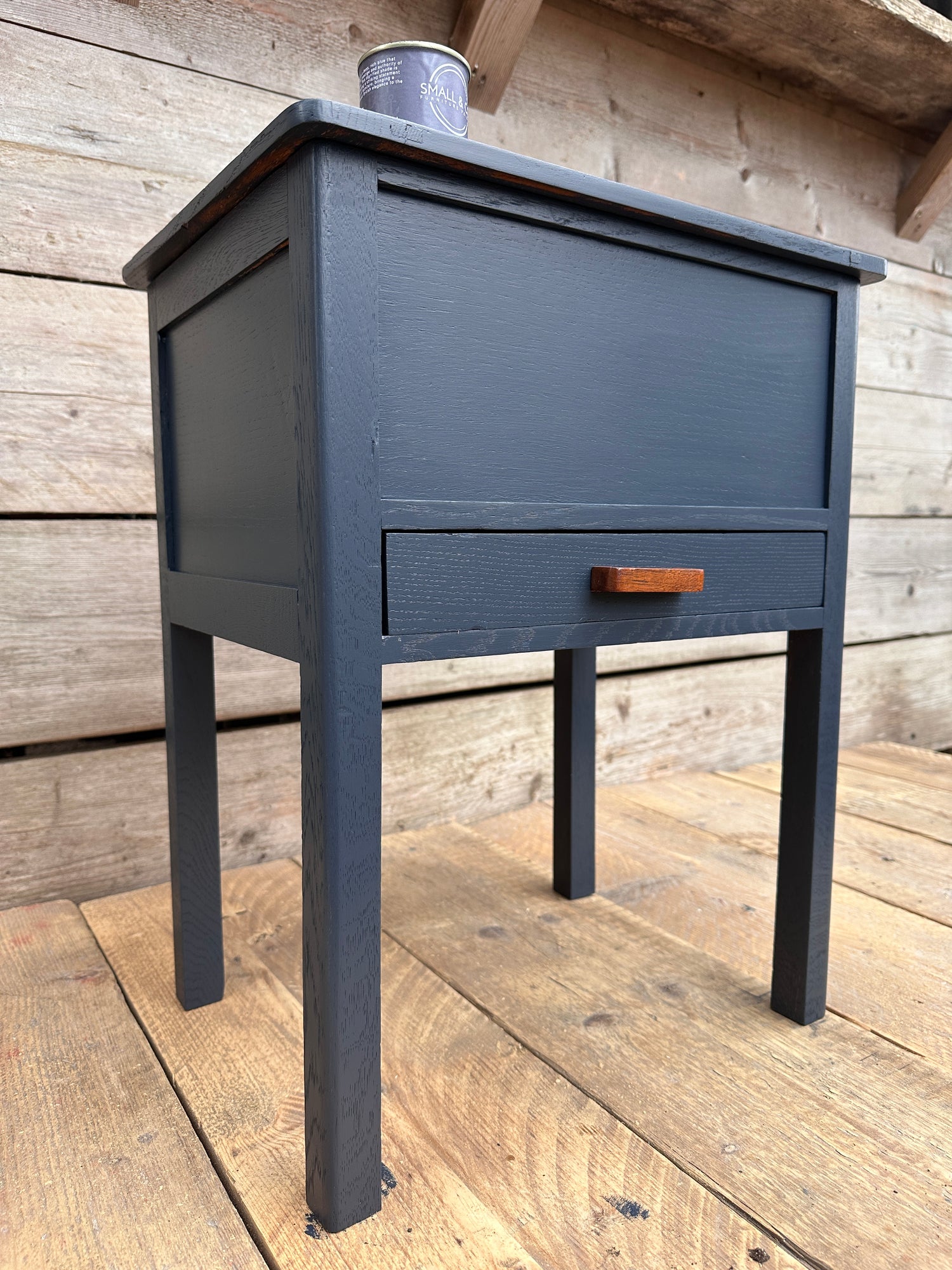 Finished wooden side table painted in Small & Co furniture paint, showing final result after drying, curing, and care in beginner’s step-by-step painting guide