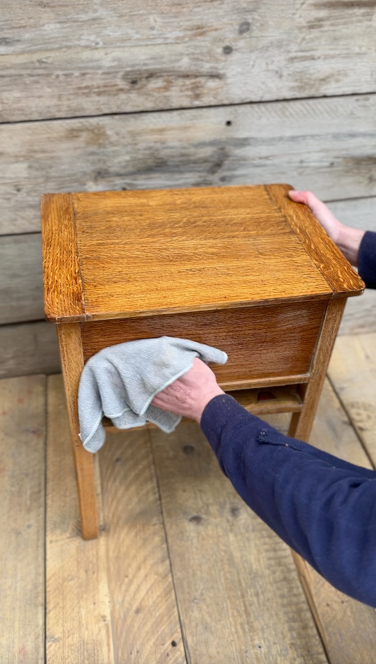 Beginner cleaning wooden furniture before painting using sugar soap degreaser, part of step-by-step furniture painting tutorial for DIY upcycling