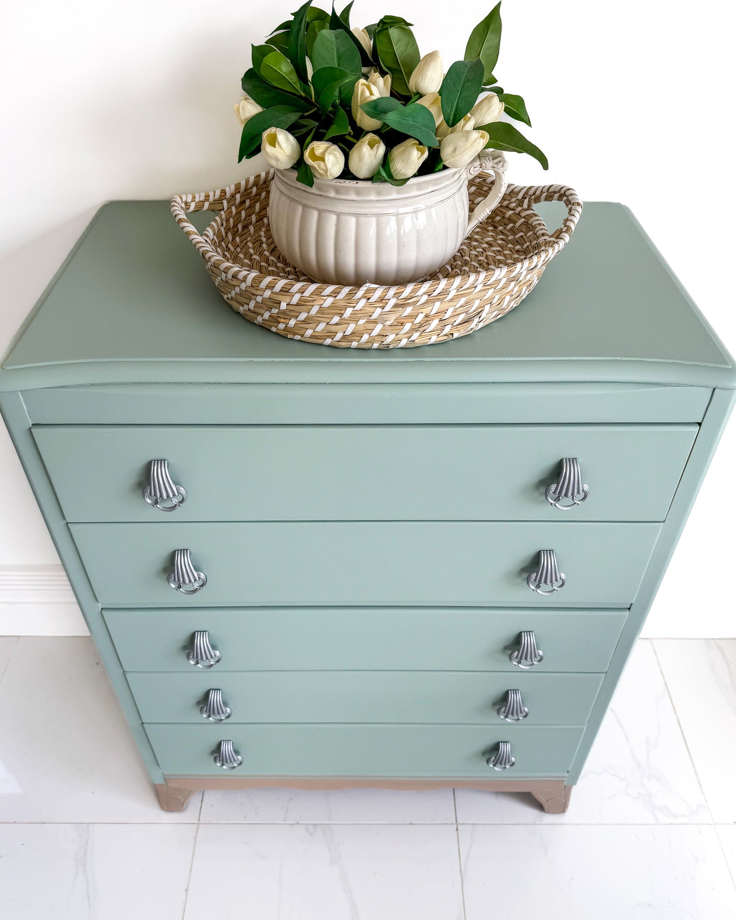 top view of chest of drawers painted in light blue furniture paint, small & Co Furniture Paint, Brighton Breeze, duck egg colour