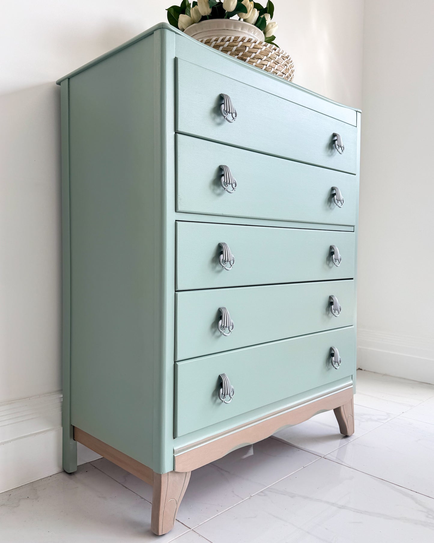 Side angle of chest of drawers painted in light blue furniture paint, small & Co Furniture Paint, Brighton Breeze, duck egg colour