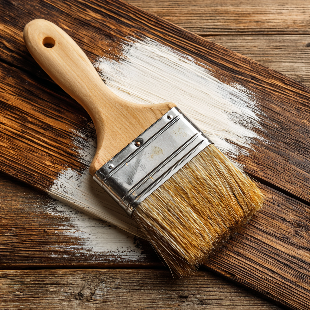 Paintbrush with white paint on a wooden surface