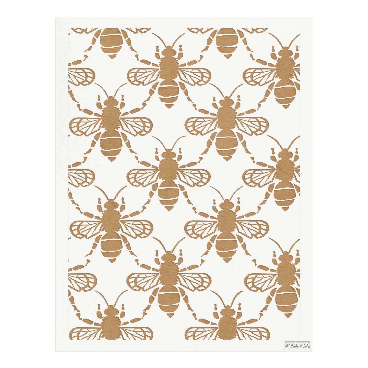 Queen’s Hive bee and honeycomb stencil by Small & Co – large reusable Mylar furniture stencil with bees and hexagon honeycomb pattern, perfect for painting walls, cabinets, fabric, DIY crafts, upcycling and decorative home projects.