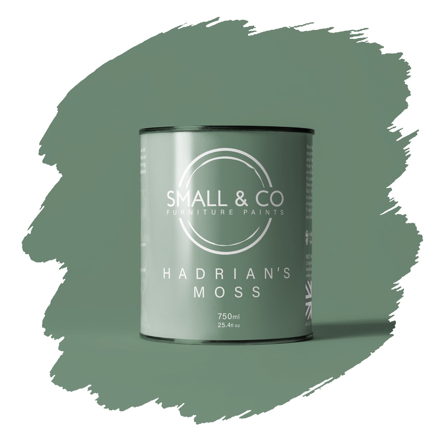 Hadrian’s Moss muted moss green verdigris colour mineral acrylic furniture paint – UK-made cabinet and wood paint, smooth matte finish.