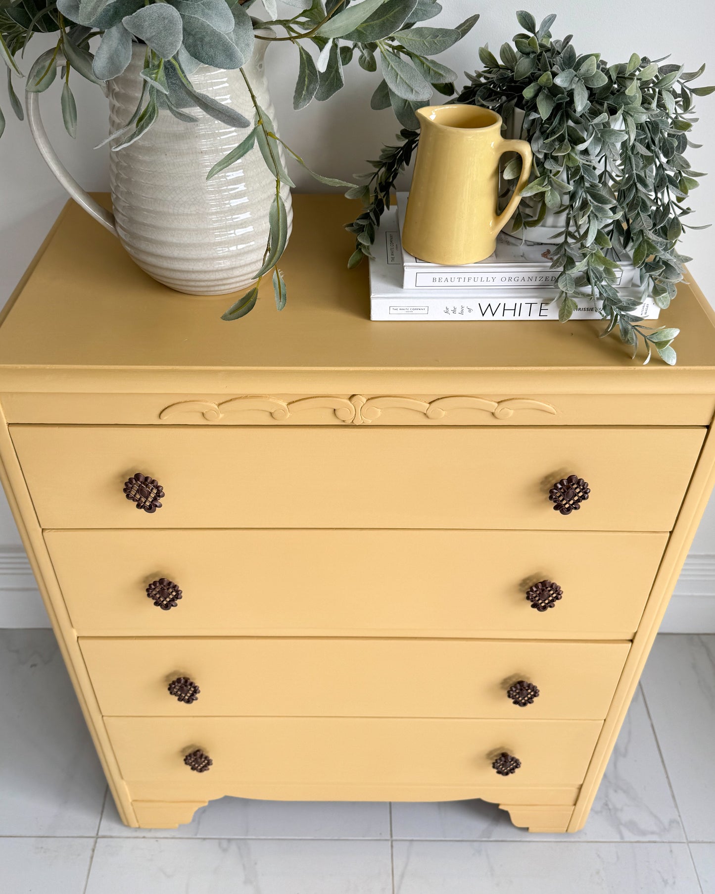 Top-down styled image of furniture painted in English Mustard by Small & Co – ideal for searching mustard yellow furniture ideas, styling, and interior colour palettes