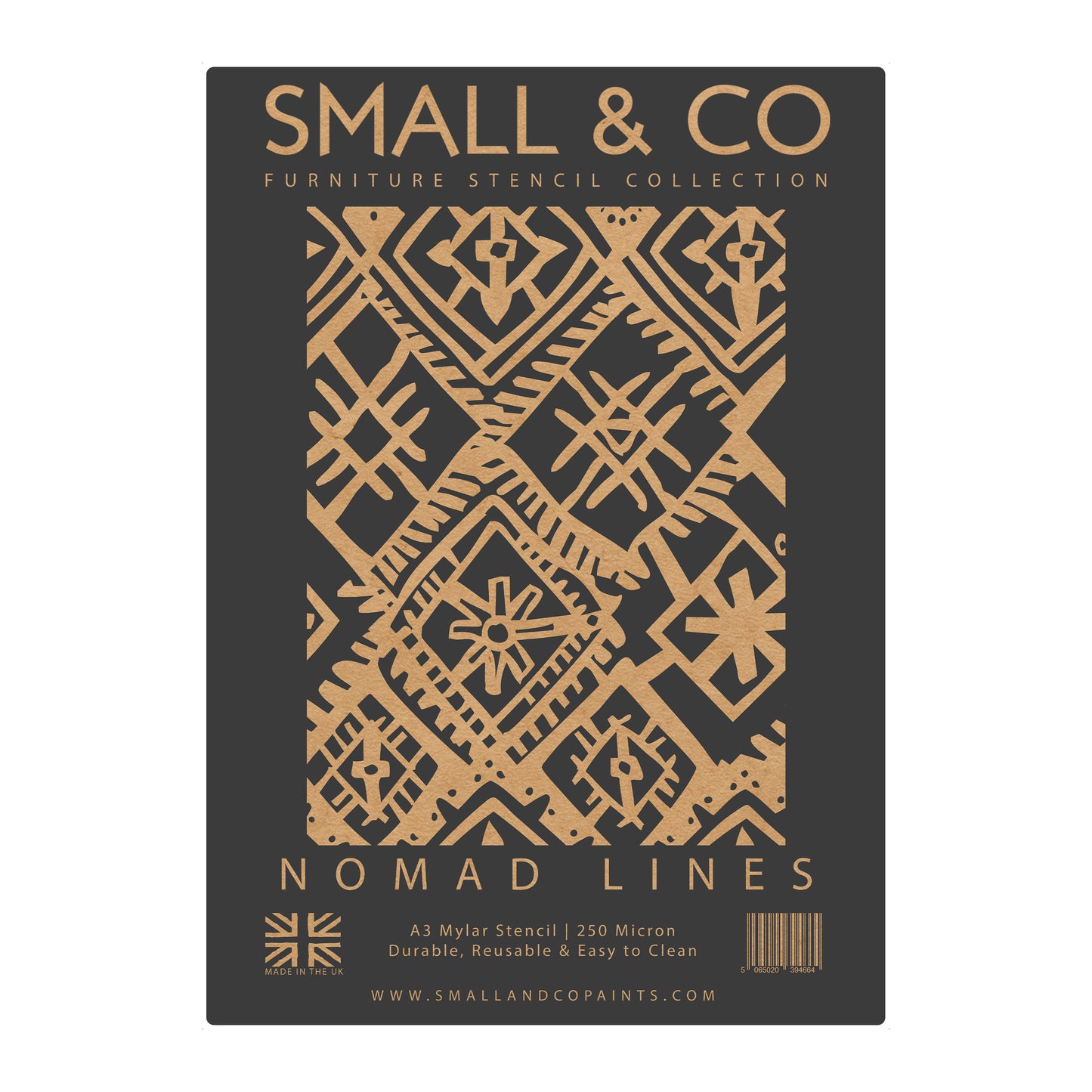 Nomad Lines packaging showing repeat tribal linear pattern – UK-made A3 reusable stencil for bohemian décor, rustic upcycling and crafts.