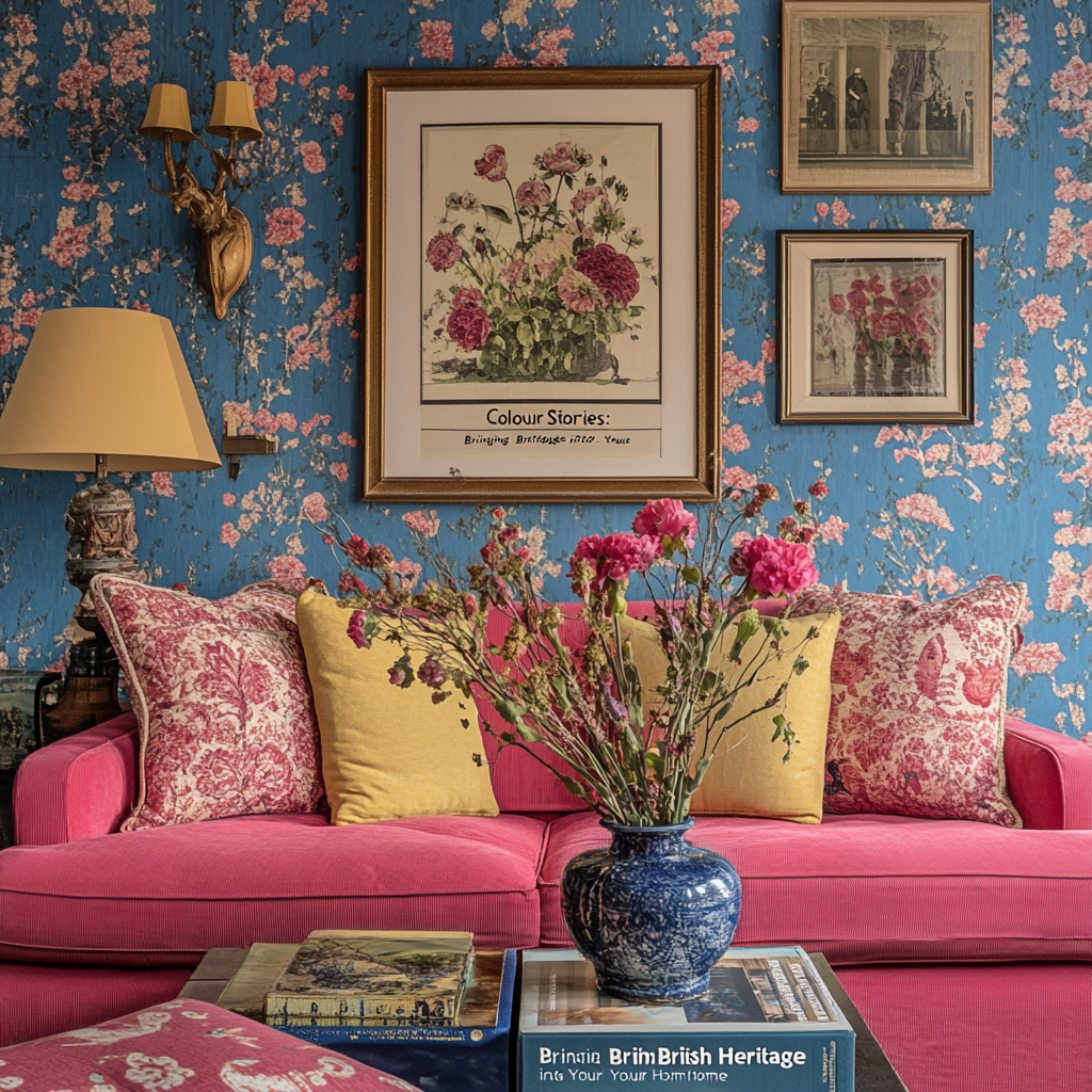 Eclectic British-inspired living room with a fuchsia pink sofa, blue floral wallpaper, antique wall art, and bold heritage decor showcasing colour psychology