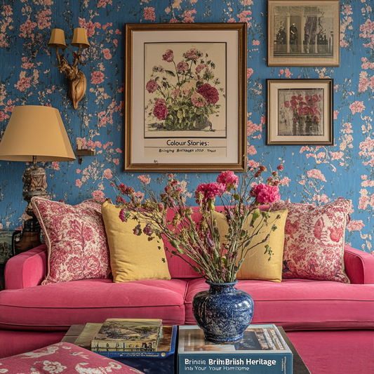 Eclectic British-inspired living room with a fuchsia pink sofa, blue floral wallpaper, antique wall art, and bold heritage decor showcasing colour psychology