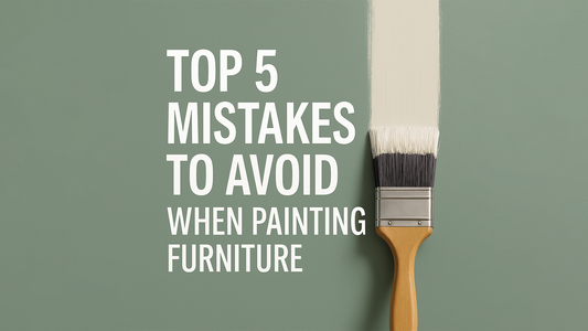 Top 5 mistakes to avoid when painting furniture – hero image with sage green background and paintbrush applying off-white paint.