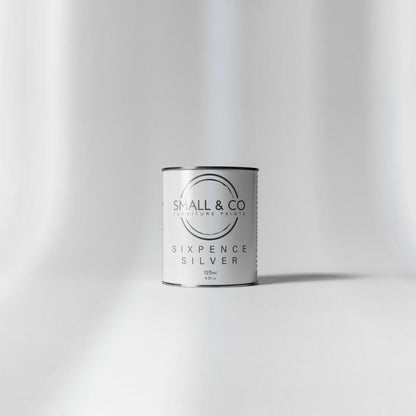 125ml tin of Small & Co Sixpence Silver Metallic Furniture Paint – polished sterling silver shade, durable low-VOC UK-made paint for furniture.