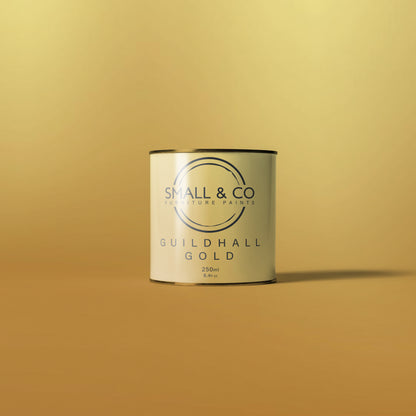 250ml Small & Co Guildhall Gold Metallic Furniture Paint – luxurious warm gold finish, high-coverage low-VOC paint for decorative interiors and restorations.
