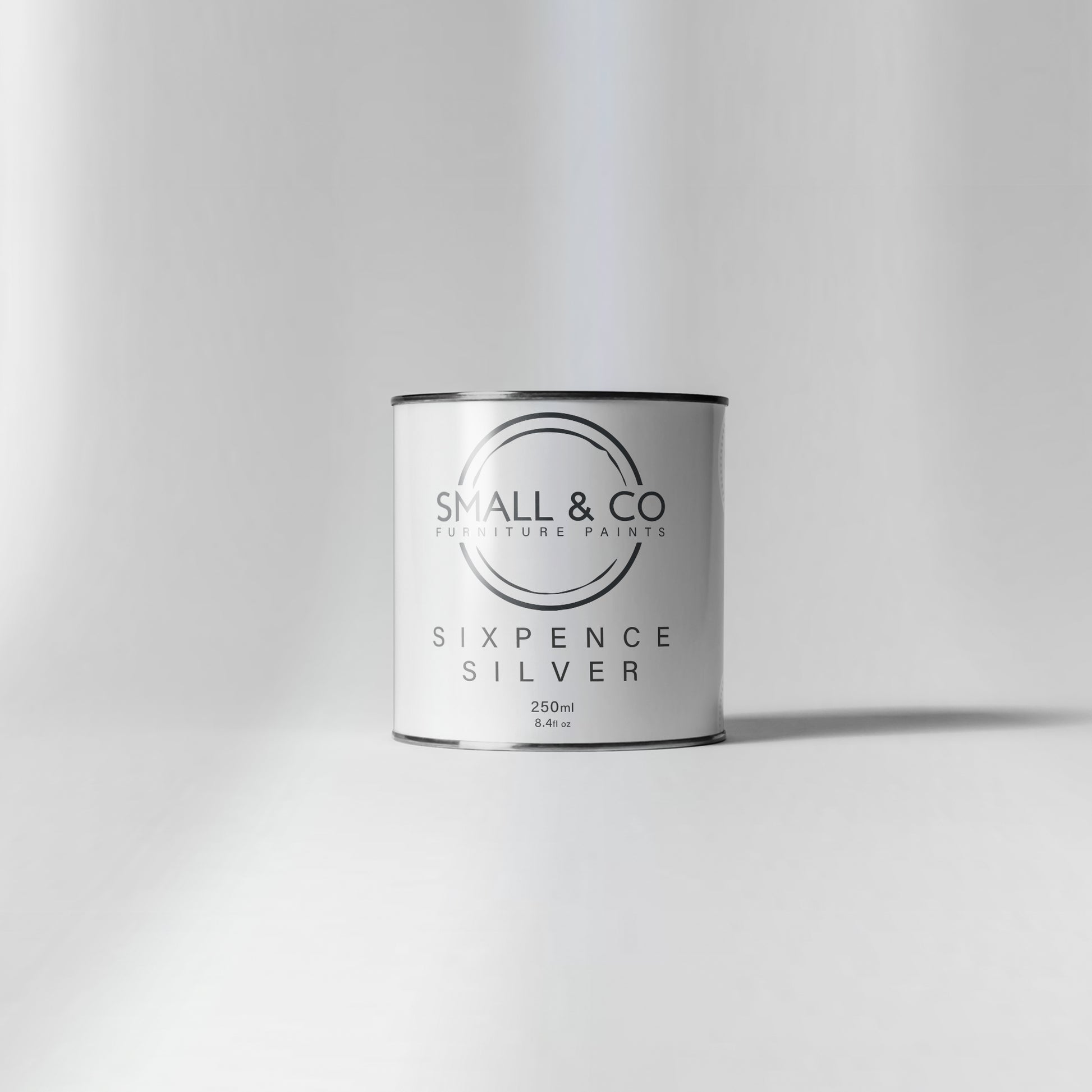 250ml tin of Small & Co Sixpence Silver Metallic Furniture Paint – bright sterling silver finish, premium low-VOC UK-made paint.