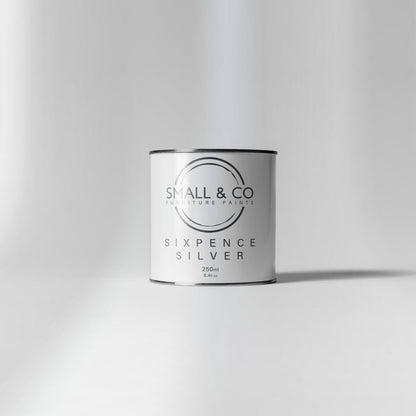250ml tin of Small & Co Sixpence Silver Metallic Furniture Paint – bright sterling silver finish, premium low-VOC UK-made paint.