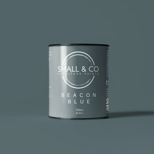 750ml tin of Small & Co furniture paint in Beacon Blue, a blue with a hint of grey colour. High-quality, professional, durable paint perfect for furniture restoration, DIY projects, and home decor. Ideal for wood, metal, and other surfaces. Eco-friendly, easy to apply, and provides a smooth finish