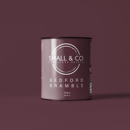 750ml tin of Small & Co furniture paint in Bedford Bramble, a purple, mulberry, berry colour. High-quality, professional, durable paint perfect for furniture restoration, DIY projects, and home decor. Ideal for wood, metal, and other surfaces. Eco-friendly, easy to apply, and provides a smooth finish