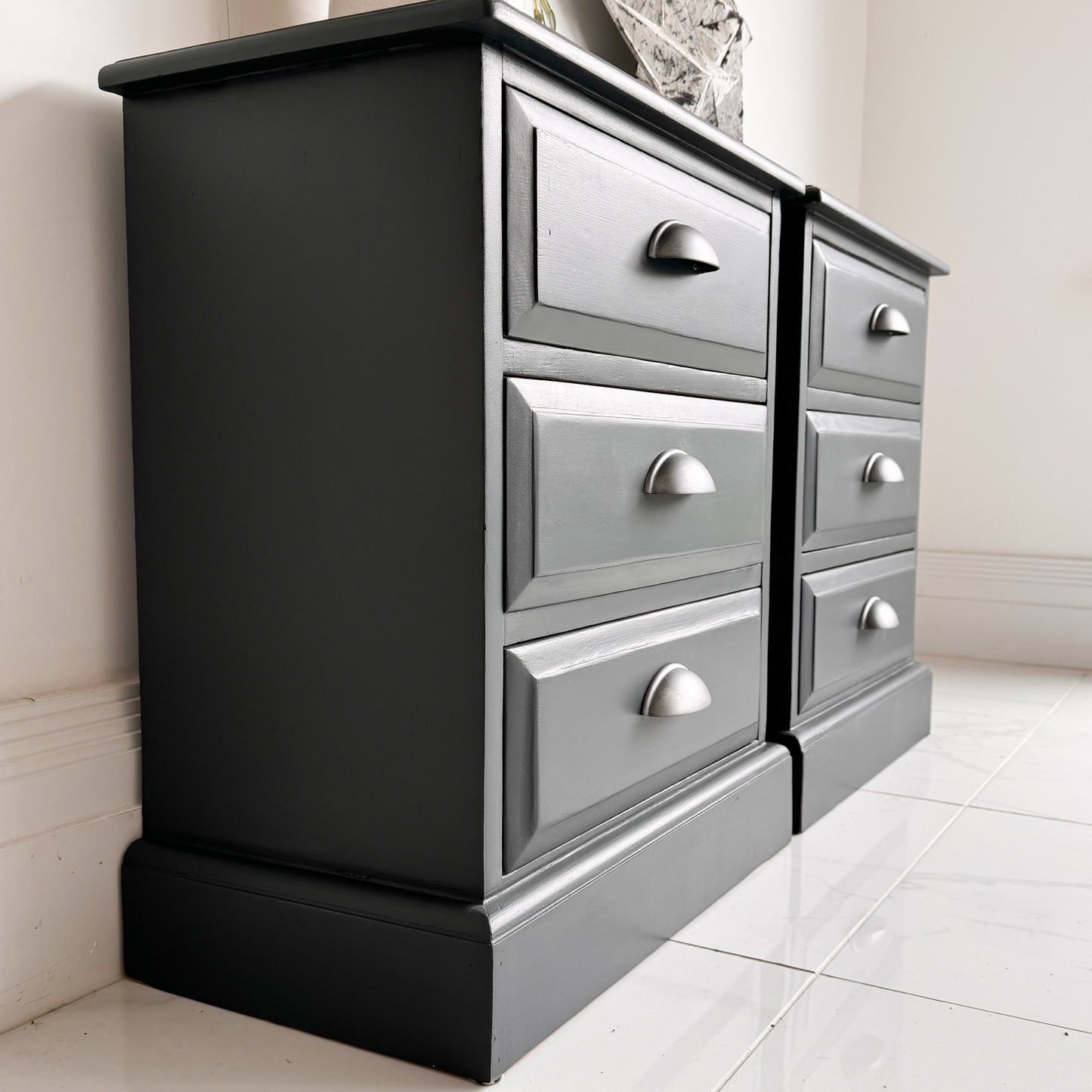 Antique Pine Bedside unit cabinets painted in dark charcoal greay paint called Iron Bridge by small and co furniture paints