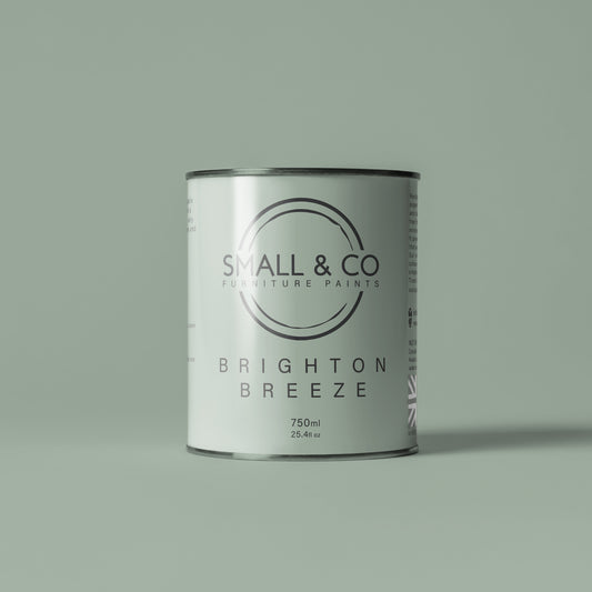 750ml tin of Small & Co furniture paint in Brighton Breeze, a light turquoise duck egg aqua colour. High-quality, professional, durable paint perfect for furniture restoration, DIY projects, and home decor. Ideal for wood, metal, and other surfaces. Eco-friendly, easy to apply, and provides a smooth finish