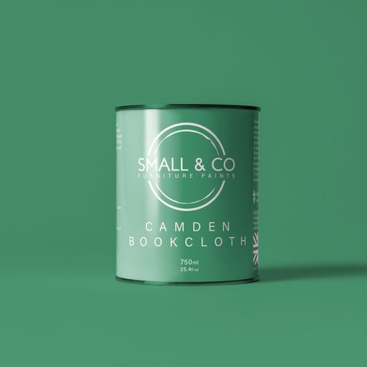 750ml tin of Small & Co furniture paint in Camden Bookcloth, a vibrant arsenic green colour. High-quality, professional, durable paint perfect for furniture restoration, DIY projects, and home decor. Ideal for wood, metal, and other surfaces. Eco-friendly, easy to apply, and provides a smooth finish