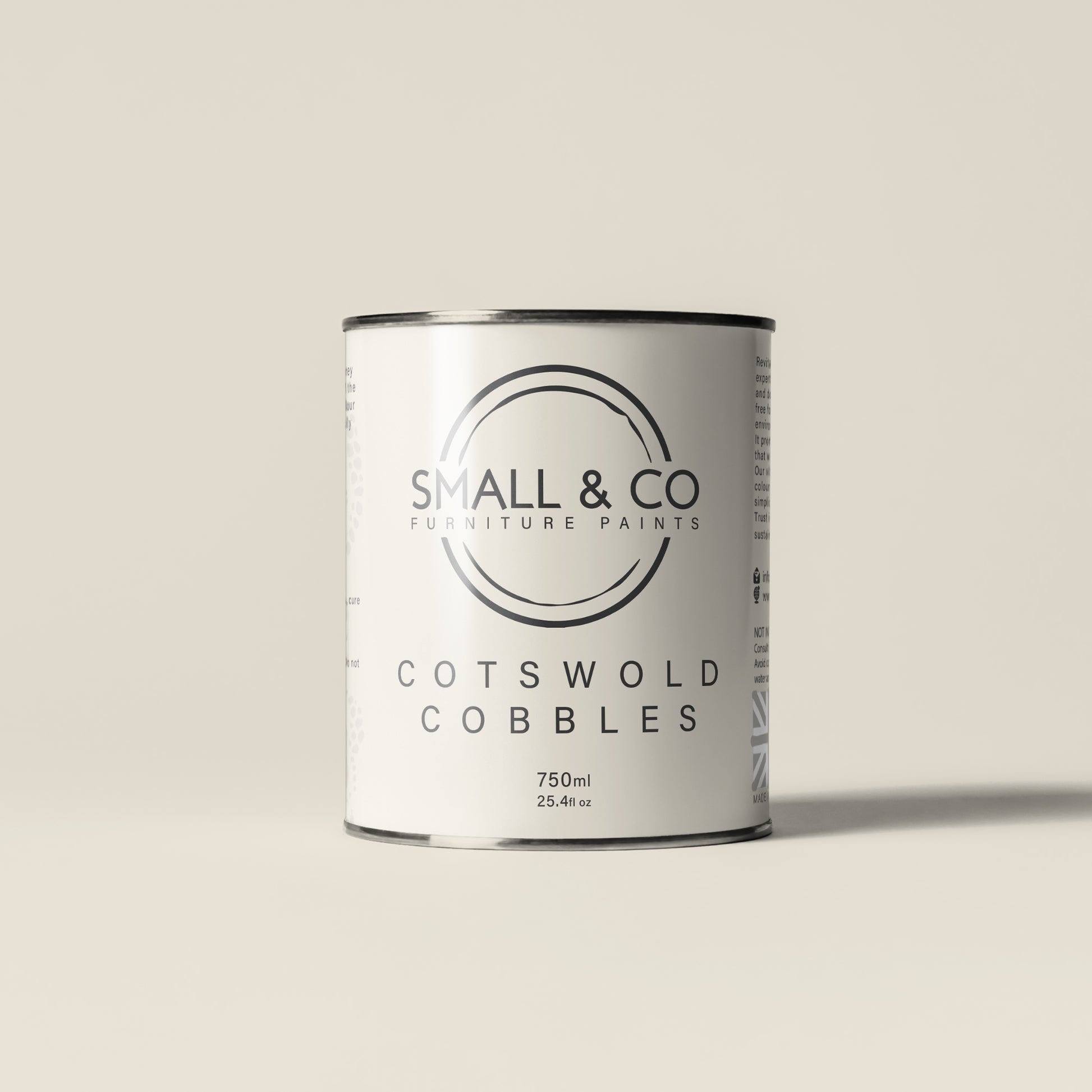 750ml tin of Small & Co furniture paint in Cotswold Cobbles, an off white cream beige colour. High-quality, professional, durable paint perfect for furniture restoration, DIY projects, and home decor. Ideal for wood, metal, and other surfaces. Eco-friendly, easy to apply, and provides a smooth finish