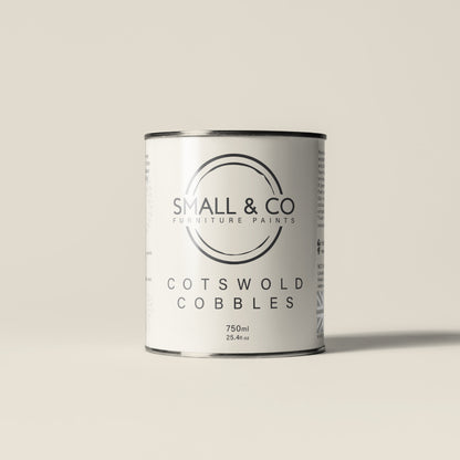 750ml tin of Small & Co furniture paint in Cotswold Cobbles, an off white cream beige colour. High-quality, professional, durable paint perfect for furniture restoration, DIY projects, and home decor. Ideal for wood, metal, and other surfaces. Eco-friendly, easy to apply, and provides a smooth finish