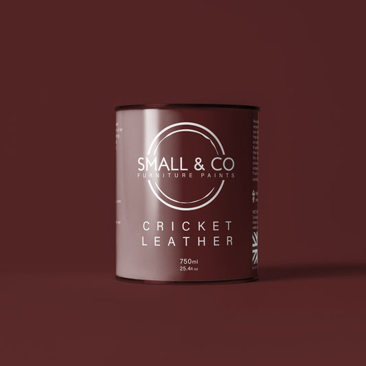 750ml tin of Small & Co furniture paint in Cricket Leather, a deep dark red burgundy colour. High-quality, professional, durable paint perfect for furniture restoration, DIY projects, and home decor. Ideal for wood, metal, and other surfaces. Eco-friendly, easy to apply, and provides a smooth finish