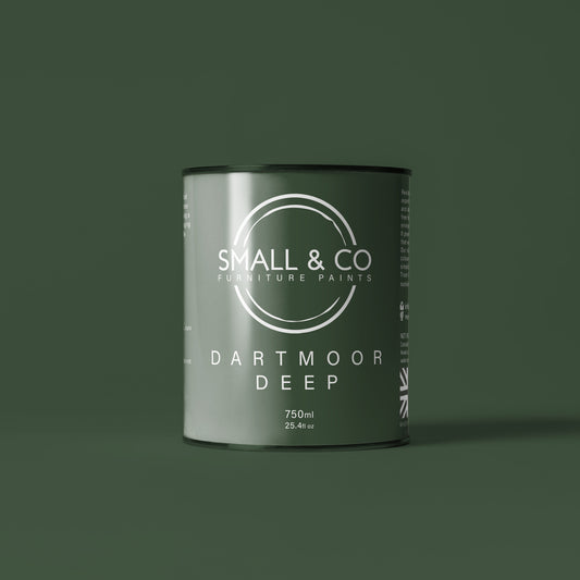 750ml tin of Small & Co furniture paint in Dartmoor Deep, a dark forest British green colour. High-quality, professional, durable paint perfect for furniture restoration, DIY projects, and home decor. Ideal for wood, metal, and other surfaces. Eco-friendly, easy to apply, and provides a smooth finish