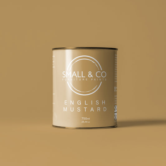 750ml tin of Small & Co furniture paint in English Mustard, a golden yellow colour. High-quality, professional, durable paint perfect for furniture restoration, DIY projects, and home decor. Ideal for wood, metal, and other surfaces. Eco-friendly, easy to apply, and provides a smooth finish