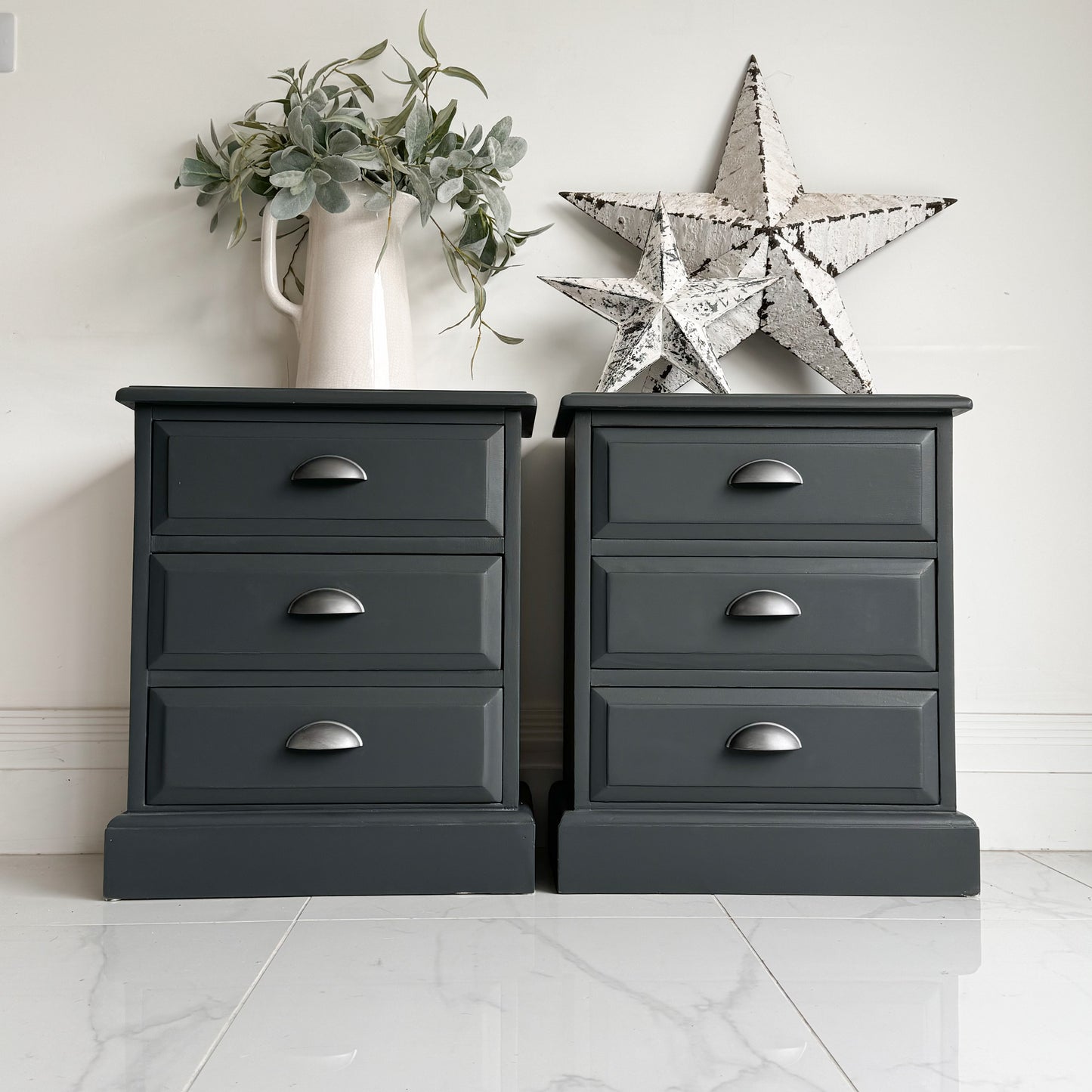 Pair of Bedside pine tables painted in Iron Bridge dark charcoal grey furniture paint by small and co furniture paints