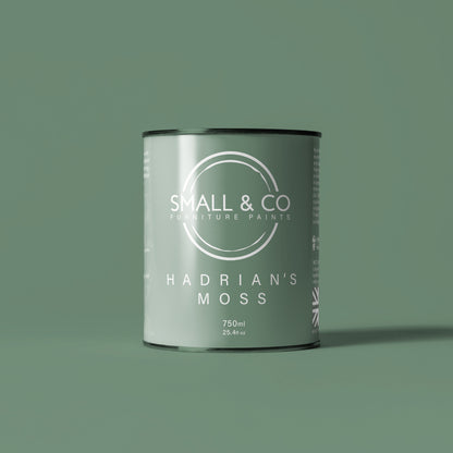 750ml tin of Small & Co furniture paint in Hadrian's Moss, a mid green sage tone colour. High-quality, professional, durable paint perfect for furniture restoration, DIY projects, and home decor. Ideal for wood, metal, and other surfaces. Eco-friendly, easy to apply, and provides a smooth finish