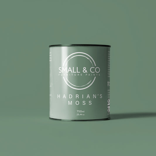 750ml tin of Small & Co furniture paint in Hadrian's Moss, a mid green sage tone colour. High-quality, professional, durable paint perfect for furniture restoration, DIY projects, and home decor. Ideal for wood, metal, and other surfaces. Eco-friendly, easy to apply, and provides a smooth finish