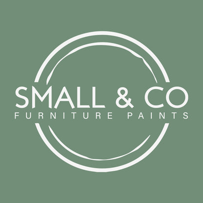 sage green coloured furniture paint, Hadrian's Moss by Small and Co furniture paints With logo overlaid